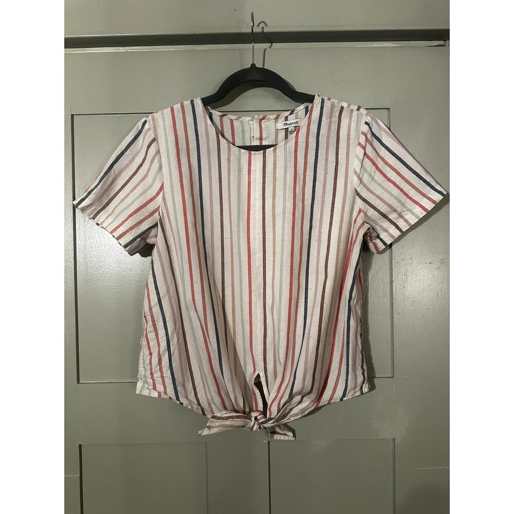 Madewell Rainbow Stripe Short Sleeve Button-Back Tie Tee Top Size S